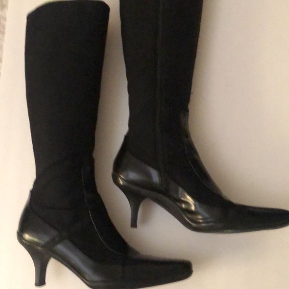 Prada Gabardine Black Tech Knee High Boots zipper Pointy Kitten Heel Size 38.5 - Picture 2 of 12